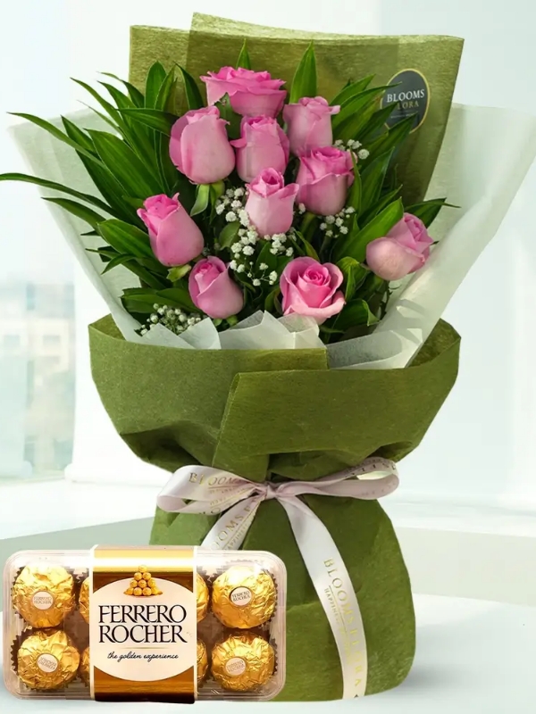  Yalikavak Florists - Pink Rose Bouquet + Ferrero Rocher Chocolate
