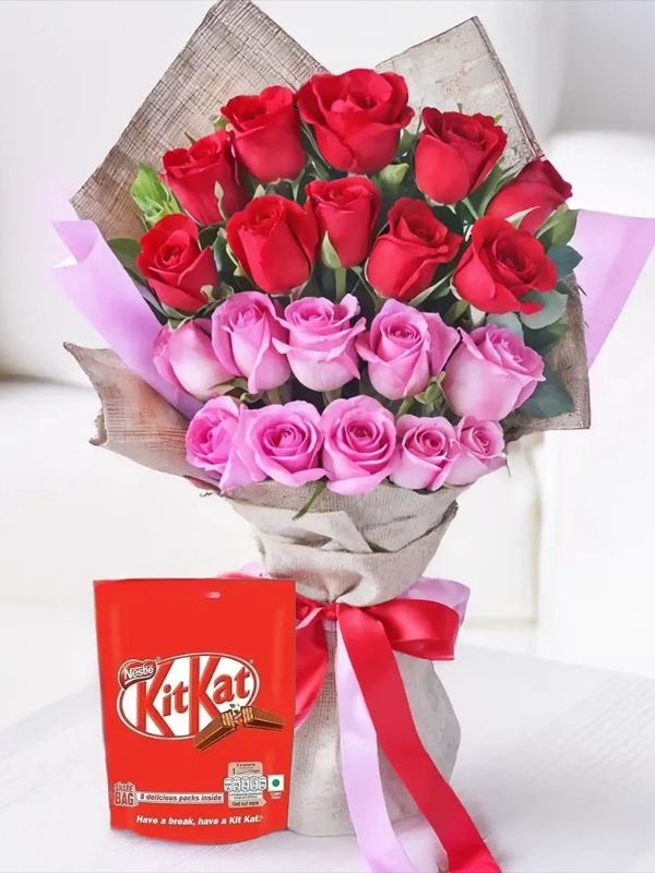  Send Flowers in Yalikavak - Pink and Red Rose Bouquet + Delicious Chocolate